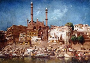 En utsikt över Ghats med Aurangzebs moské, Benares av John Gleich
