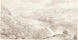 En bergsdal med ett vattenfall av John Glover