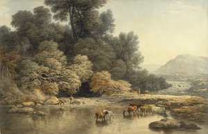 Kuperat landskap med flod och boskap, ca 1810 (wc över grafit på vävt papper)