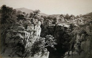 På Conway, West Penmachno (bläcktvätt på papper) av John Glover