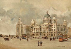 Liverpool: Offices of the Mersey Docks and Harbour Board, The Liver Building, Etc, Approach to the Landing Stage (färg litho)