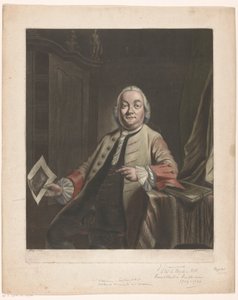 Porträtt av Simon Fokke med i handen trycket av plundringen av Gerrit Hagedoorens hus, 1751