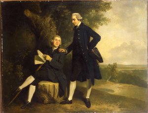 Dubbelporträtt av Thomas Somers Cocks och Richard Cocks från Castleditch, båda små i full längd, den förra i en blå kappa och väst som håller en svart trehörning, den senare sitter i en blå kappa och väst med ett manuskript, i ett landskap,