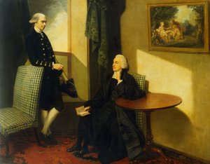 Dubbelporträtt av pastor John Cocks och James Cocks, båda små i full längd, den förra i prästklädsel sittande på en klädd stol i blått och vitt, den senare i en blå rock och väst lutad mot en liknande stol, i en interiör, av John Hamilton Mortimer