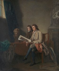 Porträtt av en man och en pojke som tittar på utskrifter av John Hamilton Mortimer