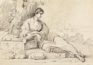 Lutande kvinnlig figur i ett italienskt landskap av John Hamilton Mortimer