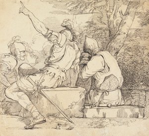 Tre soldater i rustning sitter på stenblock av John Hamilton Mortimer