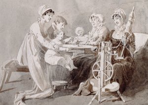 En kvinna med sin familj vid ett spinnhjul (penna- och bläcktvätt på papper) av John Harden