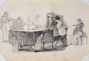 An Evening at Home, 1804 (penna och bläck på papper) av John Harden
