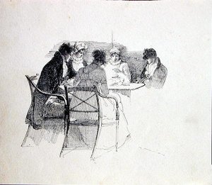 Grupp samlad runt ett bord (penna och bläck på papper) av John Harden