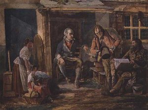 Grupp med en soldat utanför dörren till en stuga (akvarell på papper) av John Harden