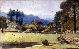 Langdale från North Shore of Windermere (akvarell på papper) av John Harden
