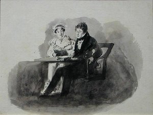 Man och kvinna läser (penna och bläcktvätt på papper) av John Harden