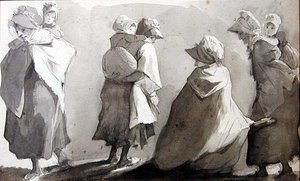 Mödrar som bär sina barn (penna och bläcktvätt på papper) av John Harden