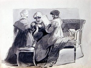 Tre kvinnor på en soffa (penna och bläcktvätt på papper) av John Harden