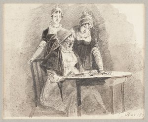 Tre vid ett bord, en sittande, 1807 (blyerts och tvätt på papper) av John Harden