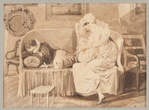 Tre på en soffa, 1805 (wc på papper) av John Harden