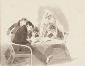 Två pojkar gör läxor, 1811 (wc på papper) av John Harden