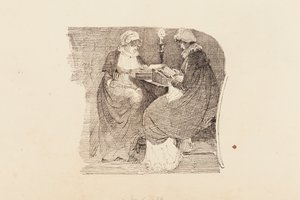 Två kvinnor som läser med lampljus, 1804 (penna och bläck på papper) av John Harden