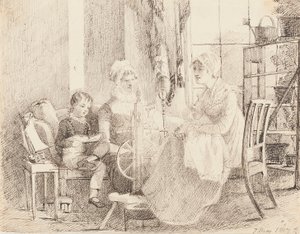 Kvinnor vid spinnhjulet och en pojke med en leksaksbåt, 1807