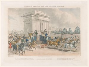 Utsikt över en gata och Wellington Arch vid Hyde Park Corner Hye Park Corner (titel på objekt) Street Views Around Epsom (serietitel) Scener på vägen, eller en resa till Epsom och tillbaka (serietitel)