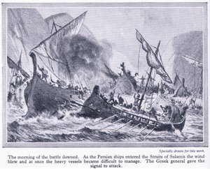 Slaget vid Salamis: När de persiska skeppen gick in i Salamis sund blåste vinden och de blev svåra att hantera, ca 1950