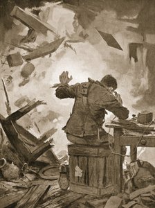 Bombardier French avslutar sitt meddelande efter att ett granat hade kommit genom rummet där han ringde (litho) av John Harris Valda