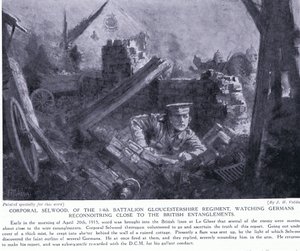 Korpral Selwood vann en DCM för att ha sett tyskar rekognoscera nära brittiska förvecklingar vid Le Gheer april 1915 av John Harris Valda