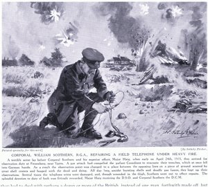 Korpral William Scothern RGA reparerade en fälttelefon under kraftig eldgivning och tilldelades DCM Ypres maj 1915. av John Harris Valda