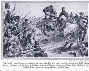 Edward II samlade en armé och utkämpade ett slag vid Bannockburn 1314 e.Kr. där Bruce besegrade engelsmännen, ca 1950.