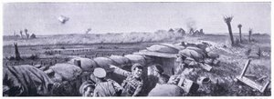 Gasattack på skyttegravarna i 2nd Lancashire Fusiliers där menig Lyn miste livet men vann VC. Ypres april 1915 av John Harris Valda