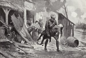 Gunner J Rafferty bär en skadad kvinna i säkerhet från en bondgård som höll på att beskjutas, första världskriget av John Harris Valda