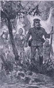 Livingstone sköt mot lejonet, men lejonet attackerade honom och bet hans axel och bröt hans vänstra arm, Newnes Pictorial Knowledge publicerad av Newnes, c.1950-talet (litho) av John Harris Valda