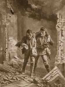 Menig A.E. Walker hjälper en skadad kamrat från en brinnande kyrka som användes som sjukhus av John Harris Valda