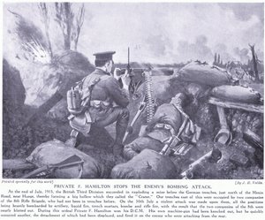 Menige F Hamilton tilldelades DCM för att ha stoppat fiendens bombattack i juli 1915 vid Hooge. av John Harris Valda
