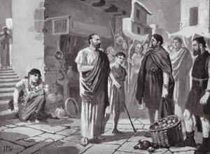 Romerska kolonisatörer som handlar med de infödda dakierna (litografi) av John Harris Valda