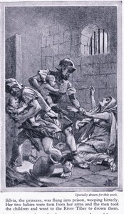 Romulus och Remus rycktes ur sin mor Silvias armar och fördes till Tibern för att drunkna, ca 1950 av John Harris Valda