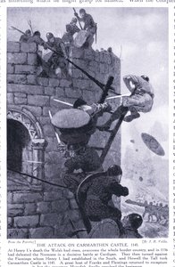 Attacken på Carmarthen Castle AD1136, 1920-talet av John Harris Valda