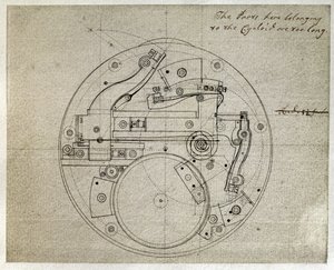 Ritning av layouten för H4-tidtagarens rörelse av John Harrison (1693-1776), ca 1759 (penna och bläck på papper)