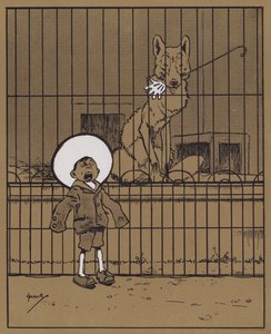 "Besökare som sticker sina händer genom rälsen rekommenderas att se till att de får tillbaka dem" (färg litho) av John Hassall