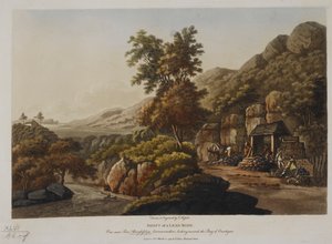 Schakt av en blygruva. Utsikt nära Pont Aberglaslyn, Carnarvonshire, med utsikt mot Bay of Cardigan, publicerad 1798 (färgad gravyr)