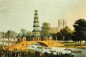 Den kinesiska bron och pagoden, uppförd i parken till minne av den härliga freden 1814, graverad av Matthew Dubourg (fl.1785-20)