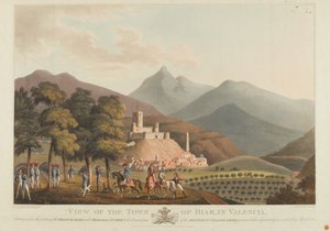 En vy över staden Briar, Valencia, graverad av Dubourg, 1814 (färgad akvatint)