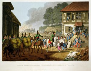 Franska trupper som drar sig tillbaka genom och plundrar en by, graverade av Matthew Dubourg (fl.1813-20) från "Historiska, militära och sjöanekdoter", pub. av Edward Orme (1774-c.1820) 1816 (akvatint) av John Heaviside Clark