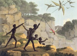 Throwing the Spear, aboriginer som jagar fåglar från New South Wales graverade av Matthew Dubourg (f.1813-1820) pub. 1813