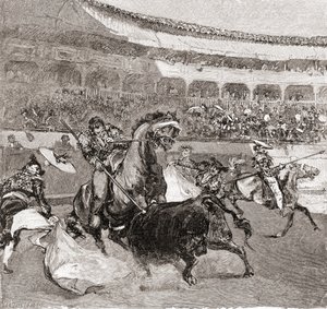 En tjurfäktning i Sevilla, Spanien, från The Century Illustrated Monthly Magazine, publicerad 1884 (trägravyr) av John Henry Ellsworth Whitney