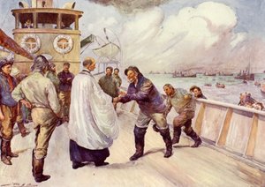Fiskare från Nordsjöns fiskeflotta samlas för tillbedjan (färg litho) av John Henry Frederick (after) Bacon