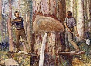 Lumbermen hugger timmer (färg litho)