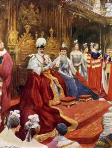 Kungen öppnar parlamentet (färg litho)