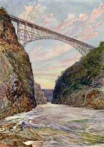 Bron över Victoriafallen, Rhodesia (färg litho)